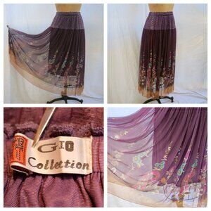 RIO COLLECTION Mauve Plum Floral Chiffon Full Soft Pleated Skirt Boho M/L EUC